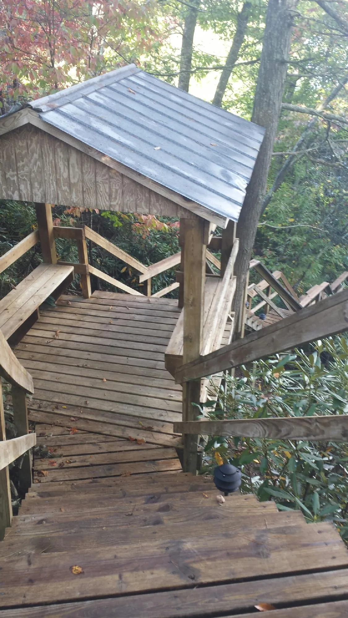 Metal roofed shelter over wooden steps on a wooded walkway — Skylight Repair & Installation work by our crew in Playa Vista